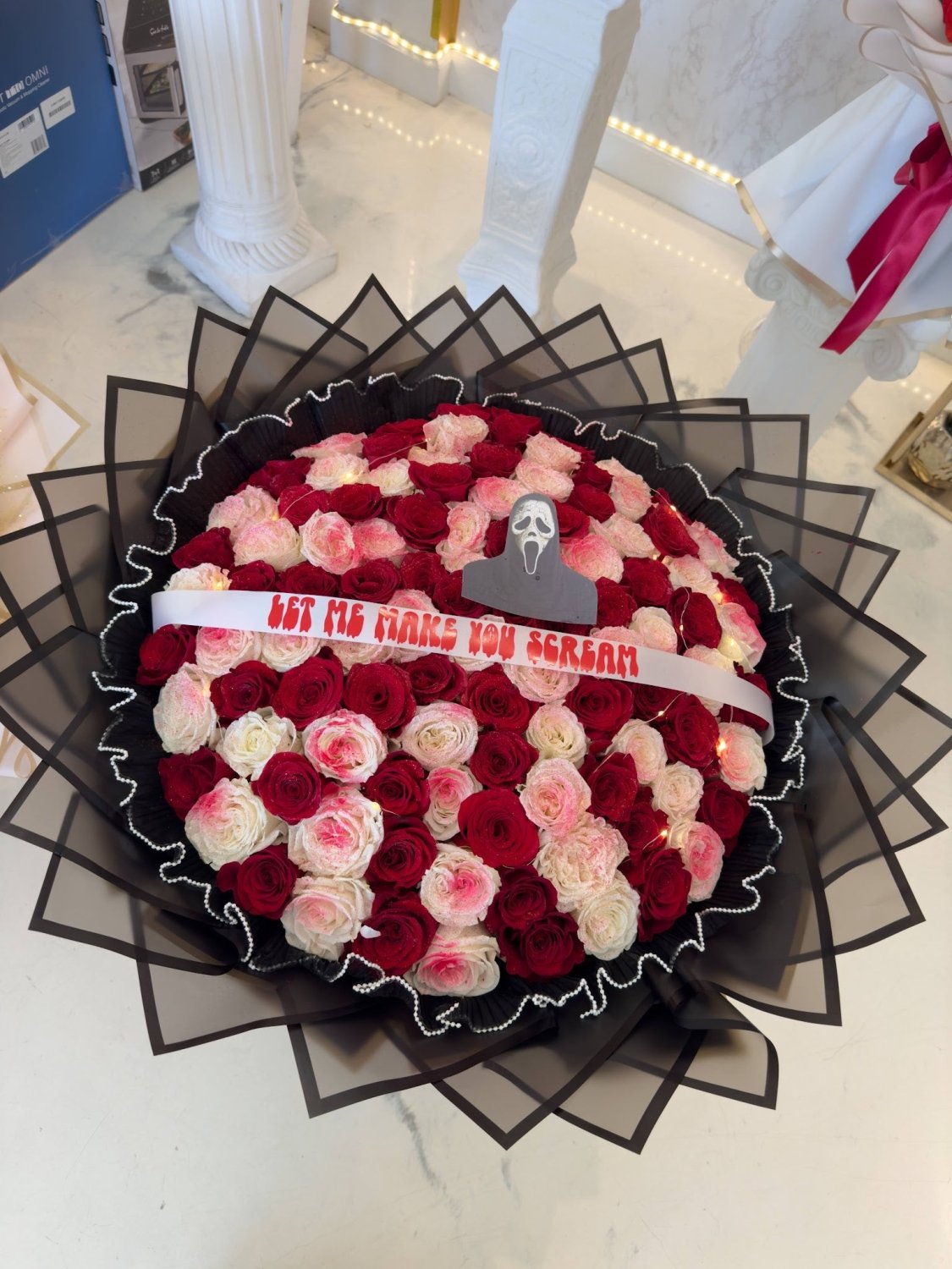 Scream Romance Red & Ivory Halloween Rose Bouquet - 98 FLOWERS