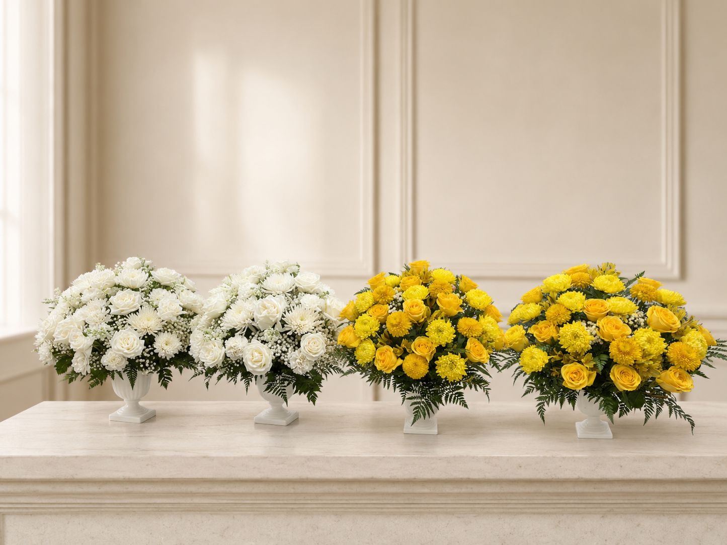 White and yellow funeral vase pair color options on an elegant memorial background