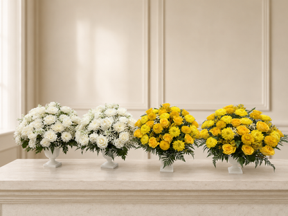 White and yellow funeral vase pair color options on an elegant memorial background