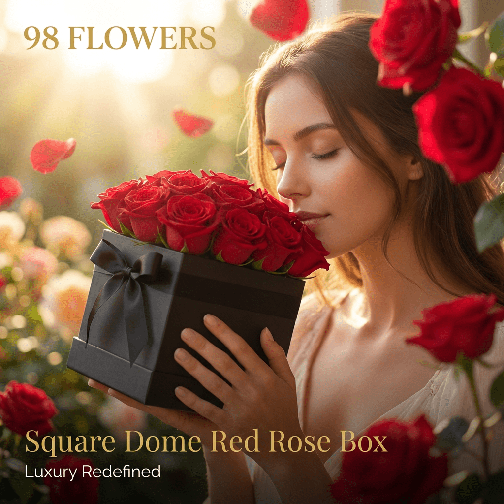 Square Dome Red Rose Box - 98 FLOWERS