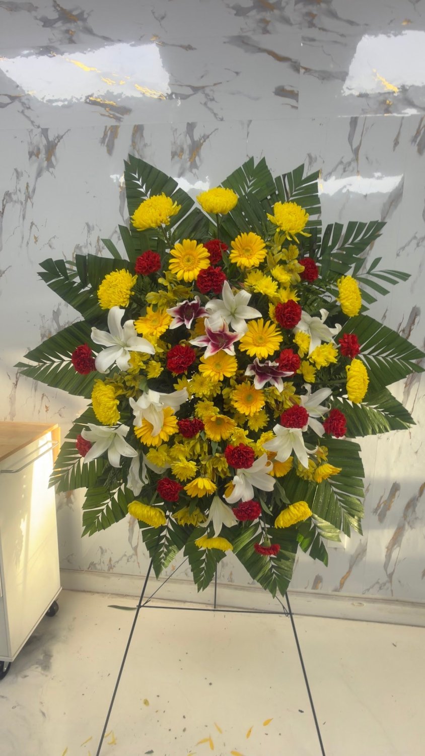 Sunflower Red Rose & White Lily Standing Spray - 98 FLOWERS