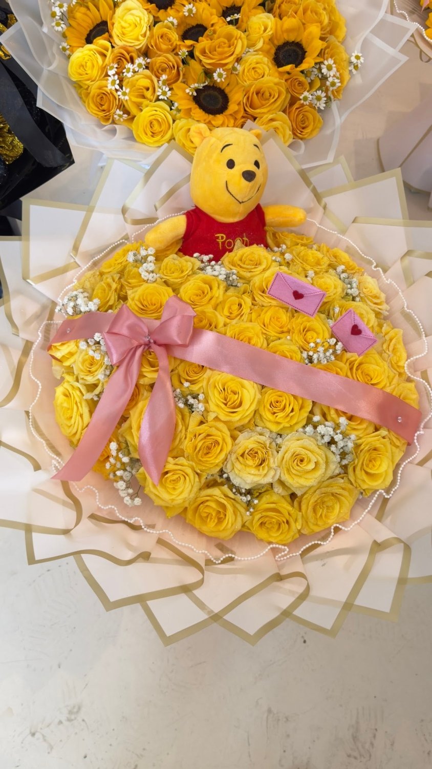 Sunflower & Yellow Rose Bouquet with Teddy Bear - 98 FLOWERS