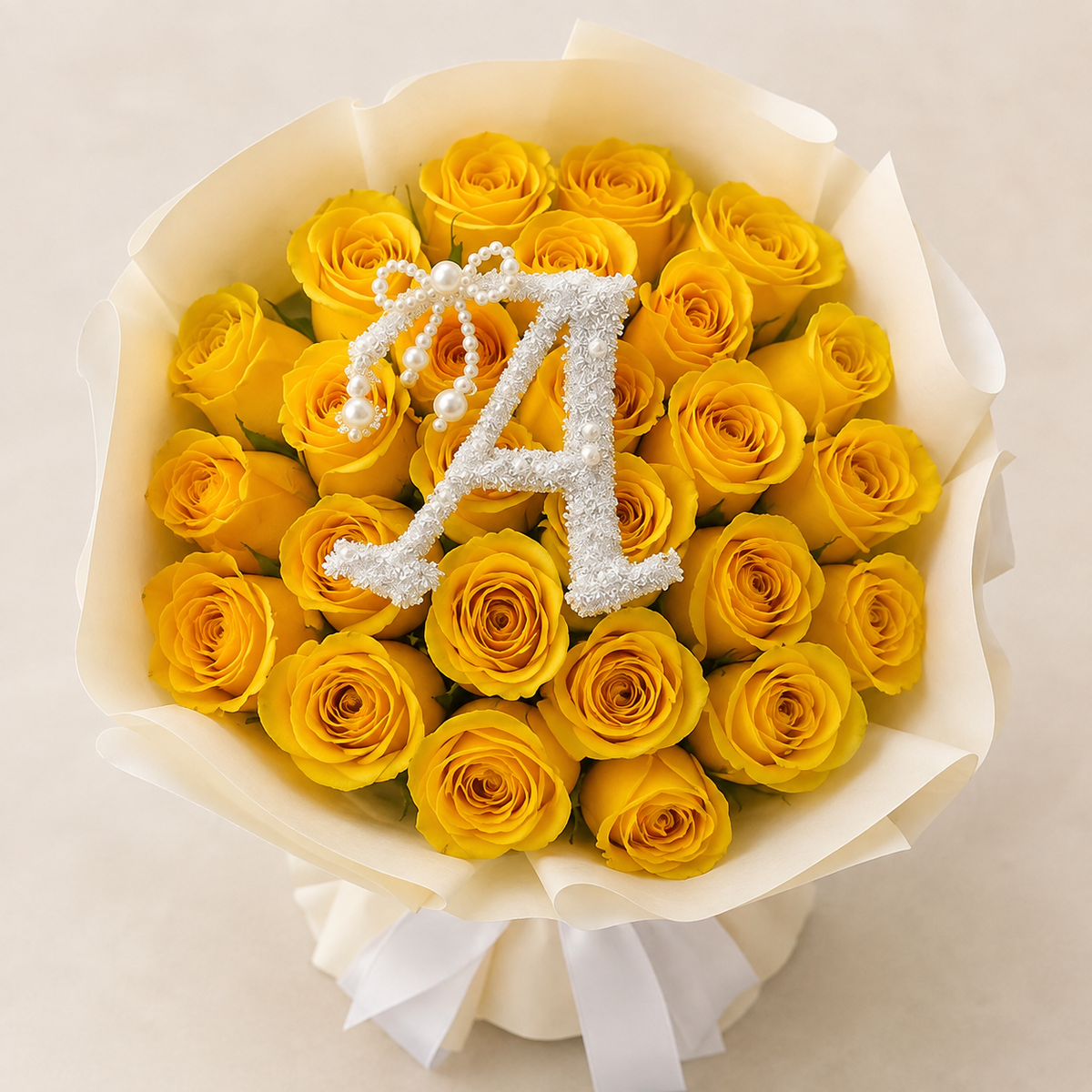 Sunlit Charm yellow rose bouquet with optional decorative letter A