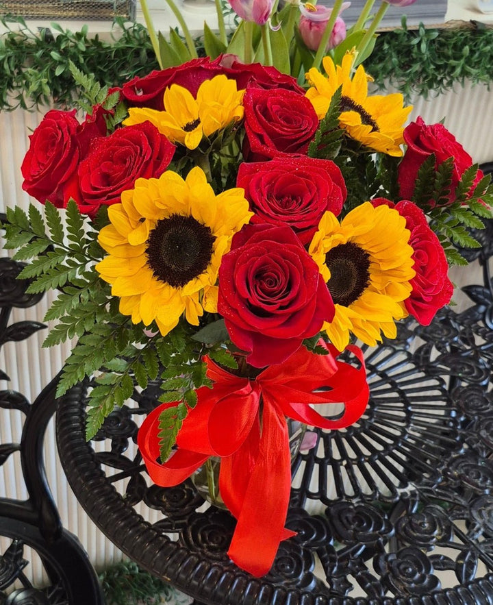 Sunlit Romance Rose & Sunflower Bouquet