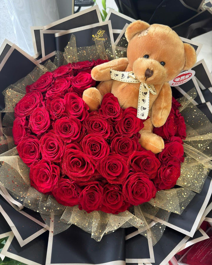 Teddy Bear Red Rose Bouquet - 98 FLOWERS