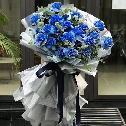 Tinted blue rose bouquet - 98 FLOWERS