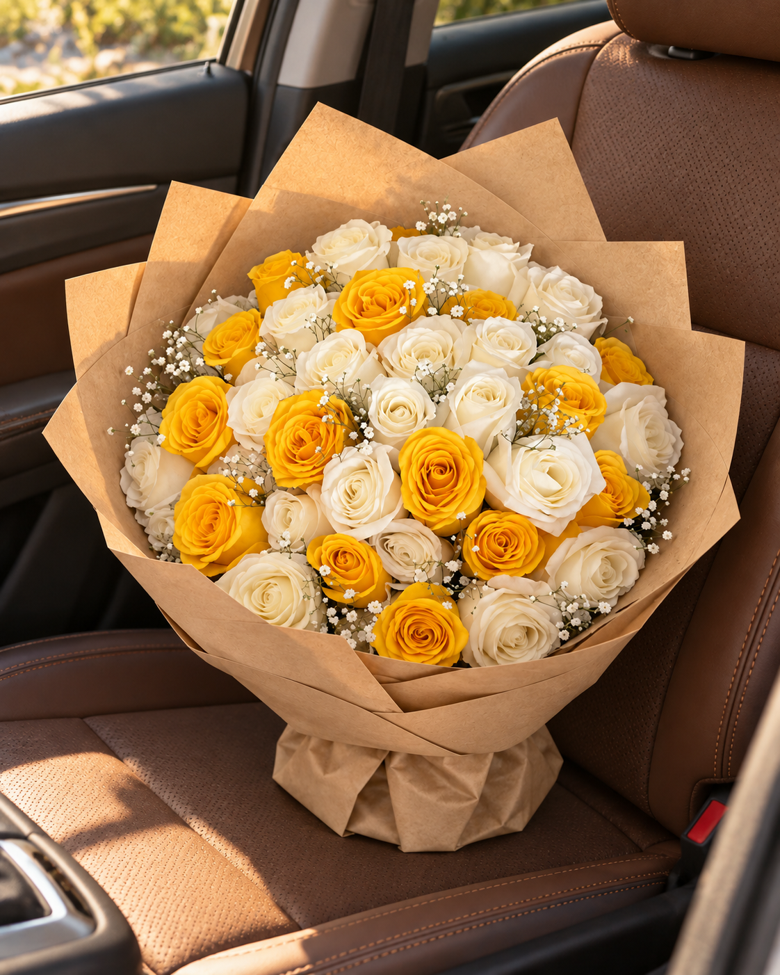 Vanilla Sunshine – Yellow & White Rose Bouquet — AI lifestyle image of a gift surprise