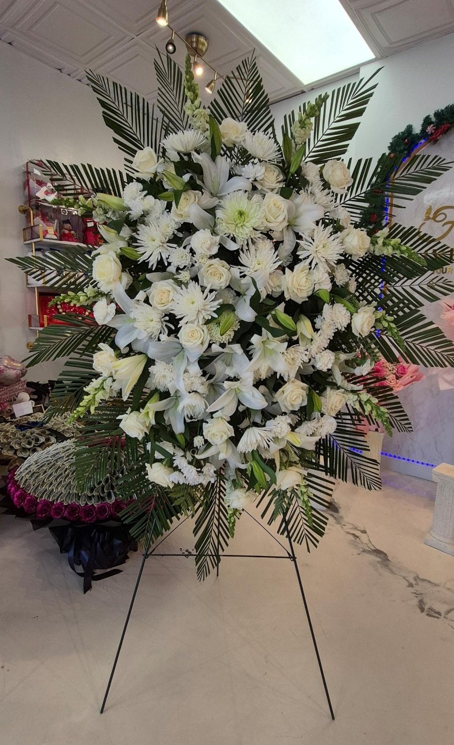 White Lily Rose & Daisy Standing Spray - 98 FLOWERS