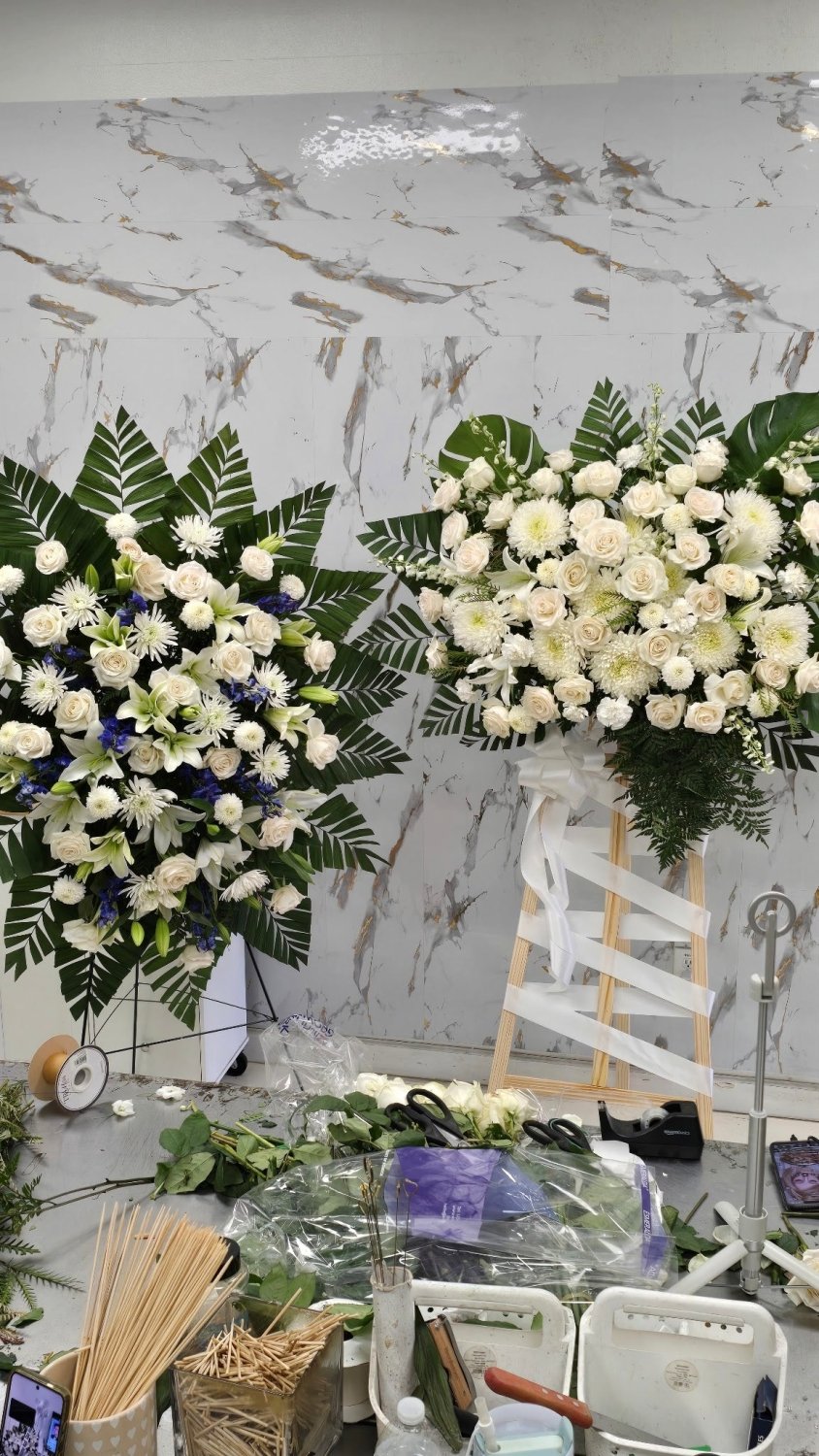 White Lily & Rose Memorial Standing Arrangement - 98 FLOWERS