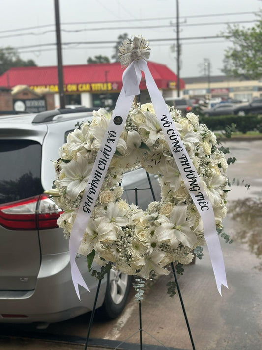 White Lily Sympathy Wreath with Ribbon - 98 FLOWERS