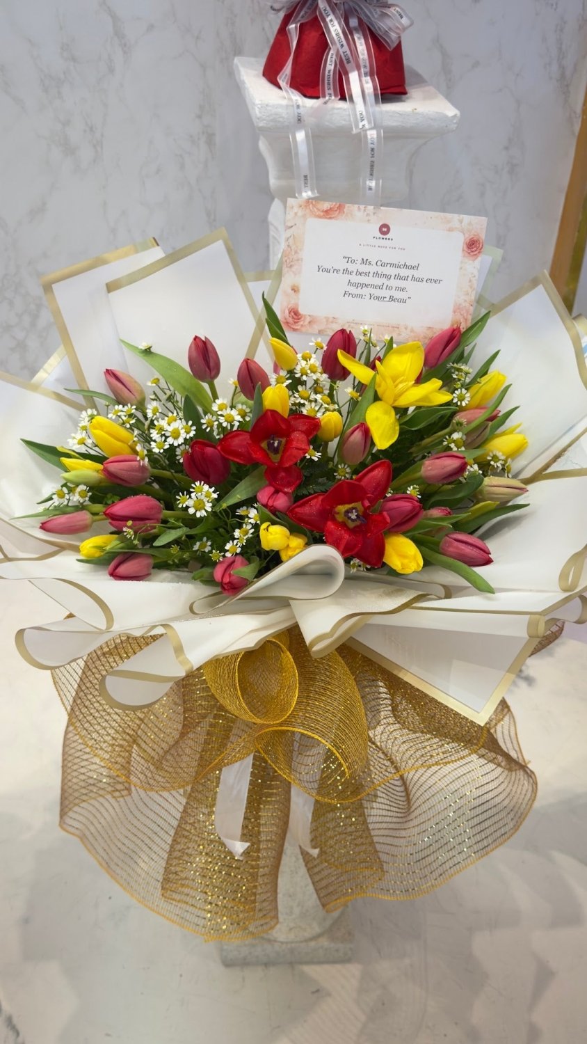 Yellow Lily Red Rose & Tulip Celebration Bouquet - 98 FLOWERS