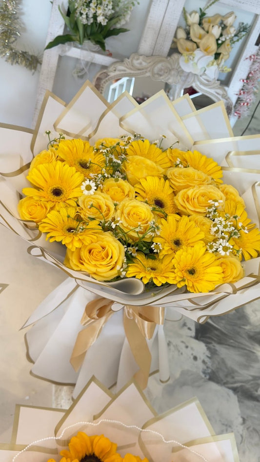 Yellow Rose & Baby’s Breath Bouquet - 98 FLOWERS
