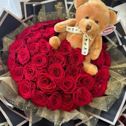 Teddy Bear Red Rose Bouquet red, red roses, rounded bouquet 