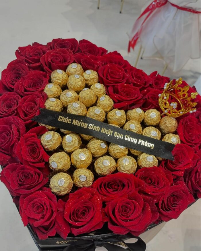 Golden Indulgence Rose and Chocolate Box chocolate flowers, chocolate roses, flowers and chocolates, red flower box, red roses 