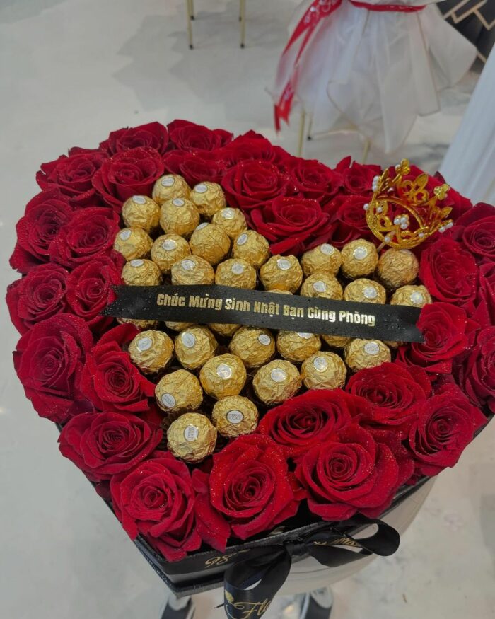 Golden Indulgence Rose and Chocolate Box chocolate flowers, chocolate roses, flowers and chocolates, red flower box, red roses 