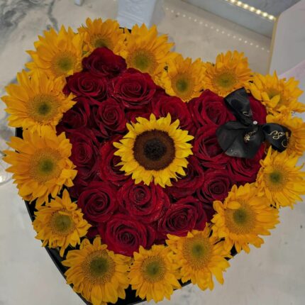 Sunlit Heart Rose and Sunflower BoxGolden Indulgence Rose and Chocolate Box chocolate flowers, chocolate roses, flowers and chocolates, red flower box, red roses 