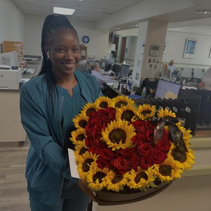 Sunflower & Rose Heart Box red flower box, red roses 