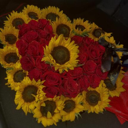 Sunflower & Rose Heart Box red flower box, red roses 