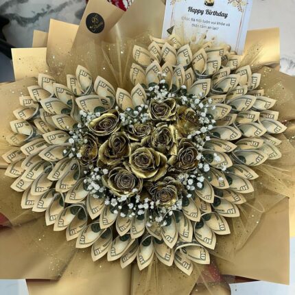 Golden Glamour Money Bouquet gold flowers, rose gold bouquet, rose gold flower bouquet, rose gold roses 