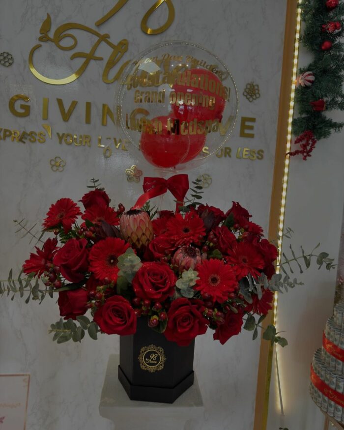 Red Passion Grand Opening Floral Arrangement red, red flower box, red roses, roses 