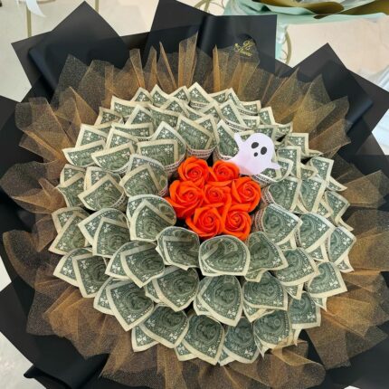 Halloween Money Bouquet with Ghost Charm orange flower 