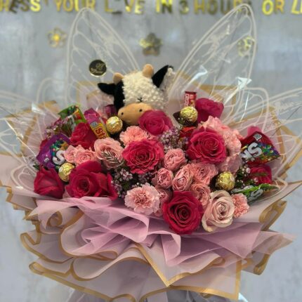 Sweet Surprise Candy & Rose Bouquet with Plush Toy  