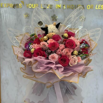 Sweet Surprise Candy & Rose Bouquet with Plush Toy  