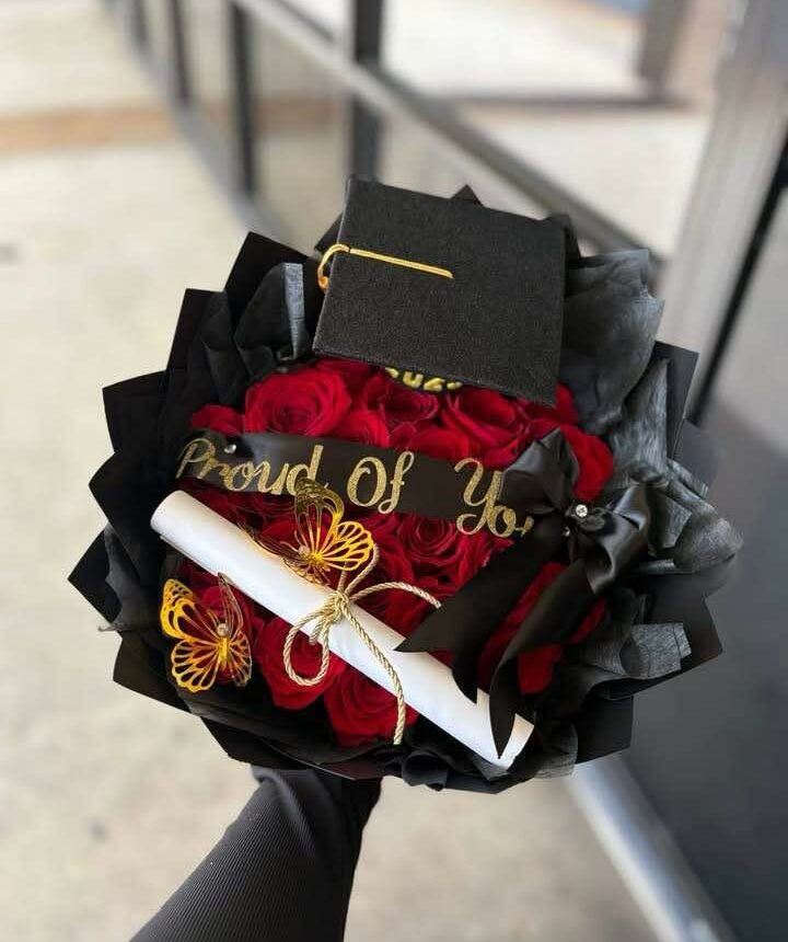 “Proud of You” Graduation Bouquet – 15 Red Roses black and red flower bouquet, red roses 