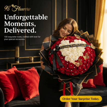 100 Premium Red Roses with White Rose Heart Centerpiece  