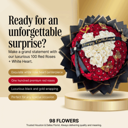 100 Premium Red Roses with White Rose Heart Centerpiece  