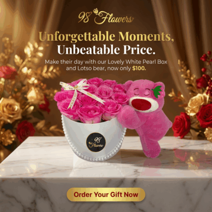 Lovely White Pearl Rose Box & Pink Bear  