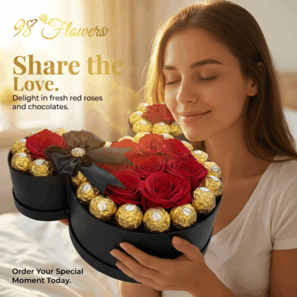 Red Mickey Love Box (Roses & Ferrero Rocher)Small Heart Box – 18 Premium Red Roses  