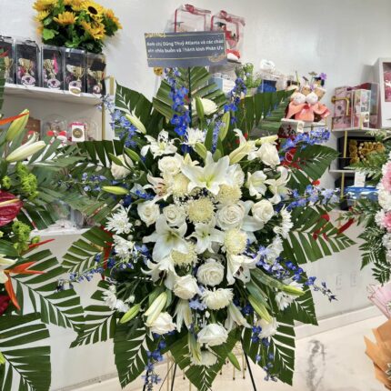 White & Blue Sympathy Standing Spray – Elegant Funeral Flowers Houston  