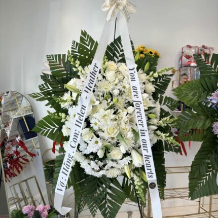 White Sympathy Standing Spray with Ribbon Message – Funeral Flowers Houston  