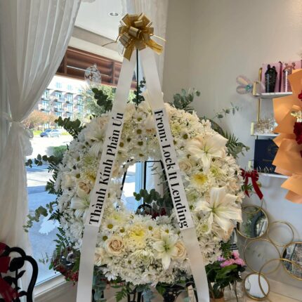 Elegant White Sympathy Wreath with Ribbon – Funeral Flowers Houston  