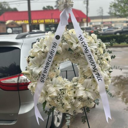 White Lily Sympathy Wreath with Ribbon – Elegant Funeral Flowers Houston  