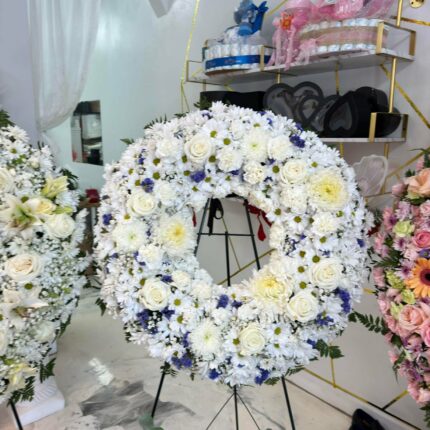 Classic White Sympathy Standing Wreath – Elegant Funeral Flowers Houston  