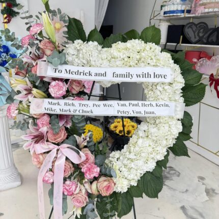 Elegant White & Blush Sympathy Heart Wreath – Funeral Flowers Houston  