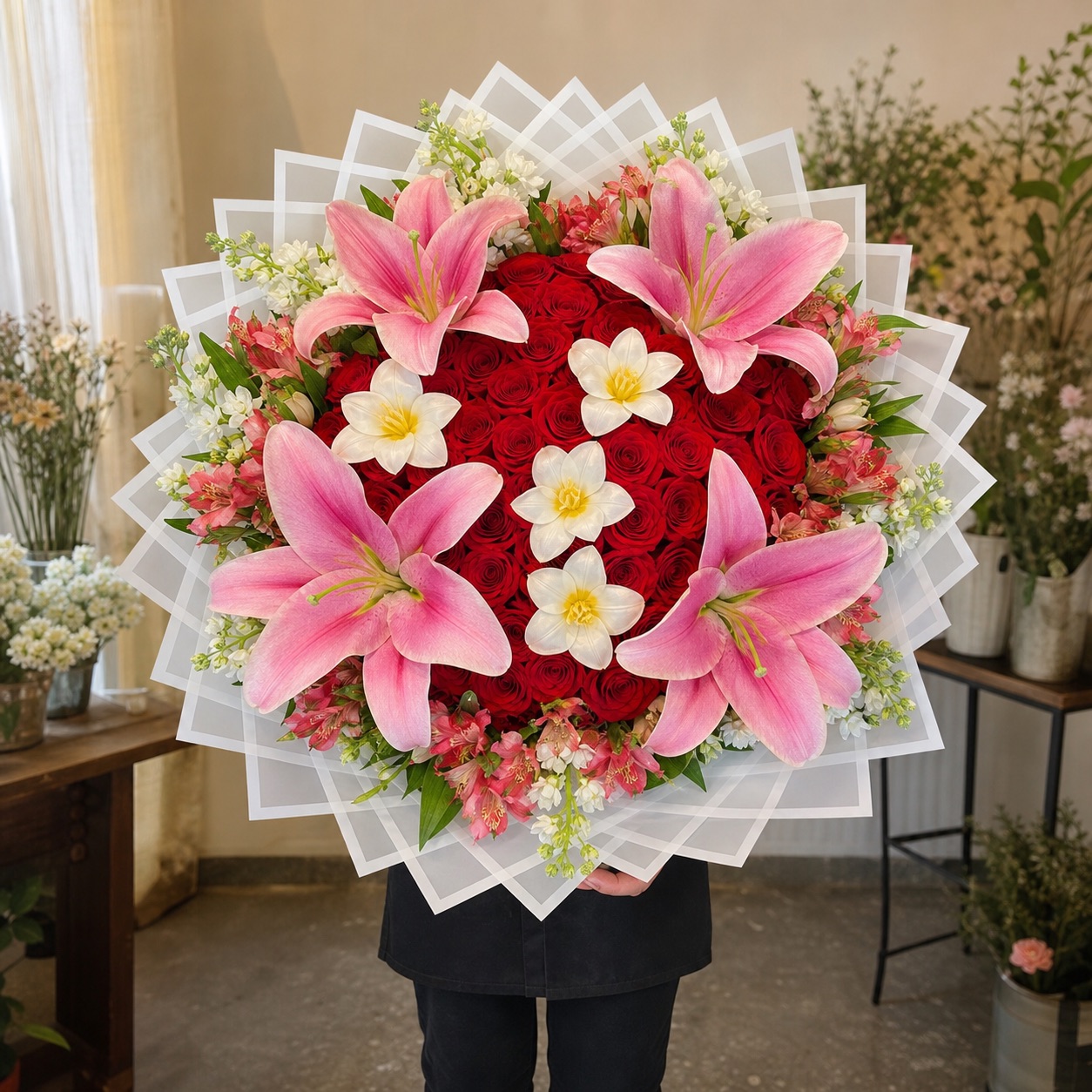 Crimson Lily Garden bouquet with 50 red roses, lilies and white tulips