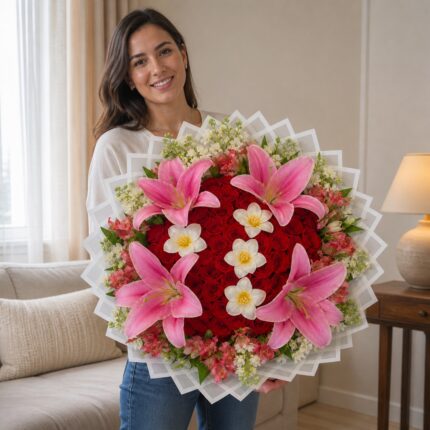 Crimson Lily Garden 50 rose bouquet, anniversary flowers, birthday flowers, houston flower delivery, lily bouquet, luxury flower bouquet, red roses Houston, romantic flowers, white tulip bouquet 