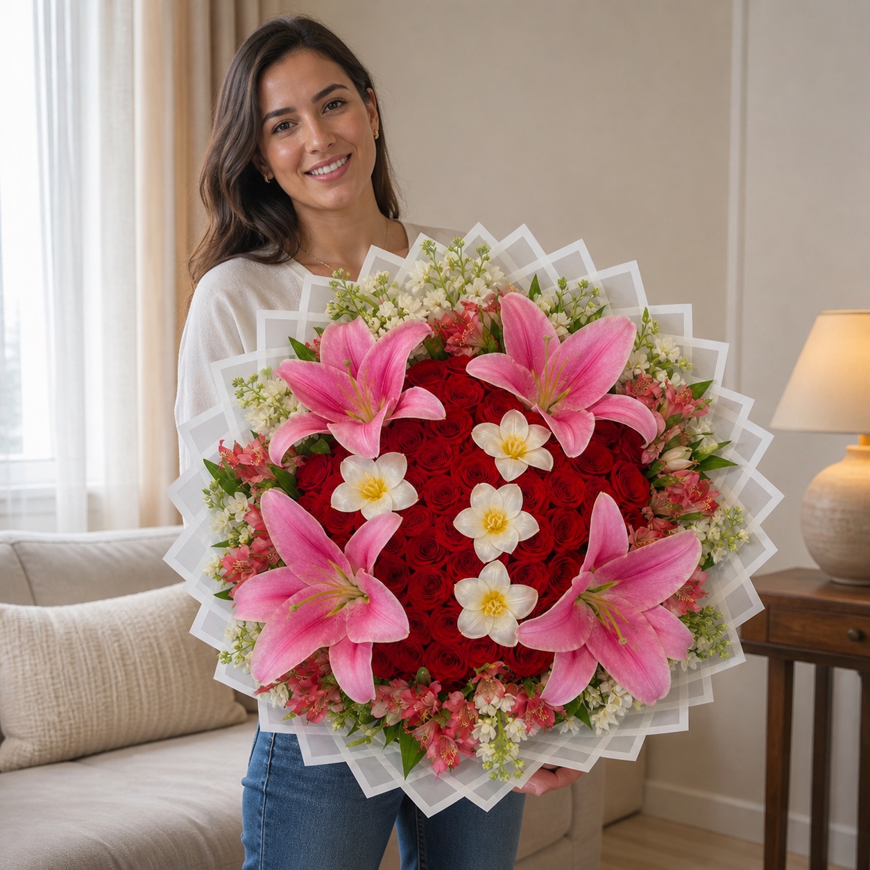 Woman holding a Crimson Lily Garden 50 rose bouquet