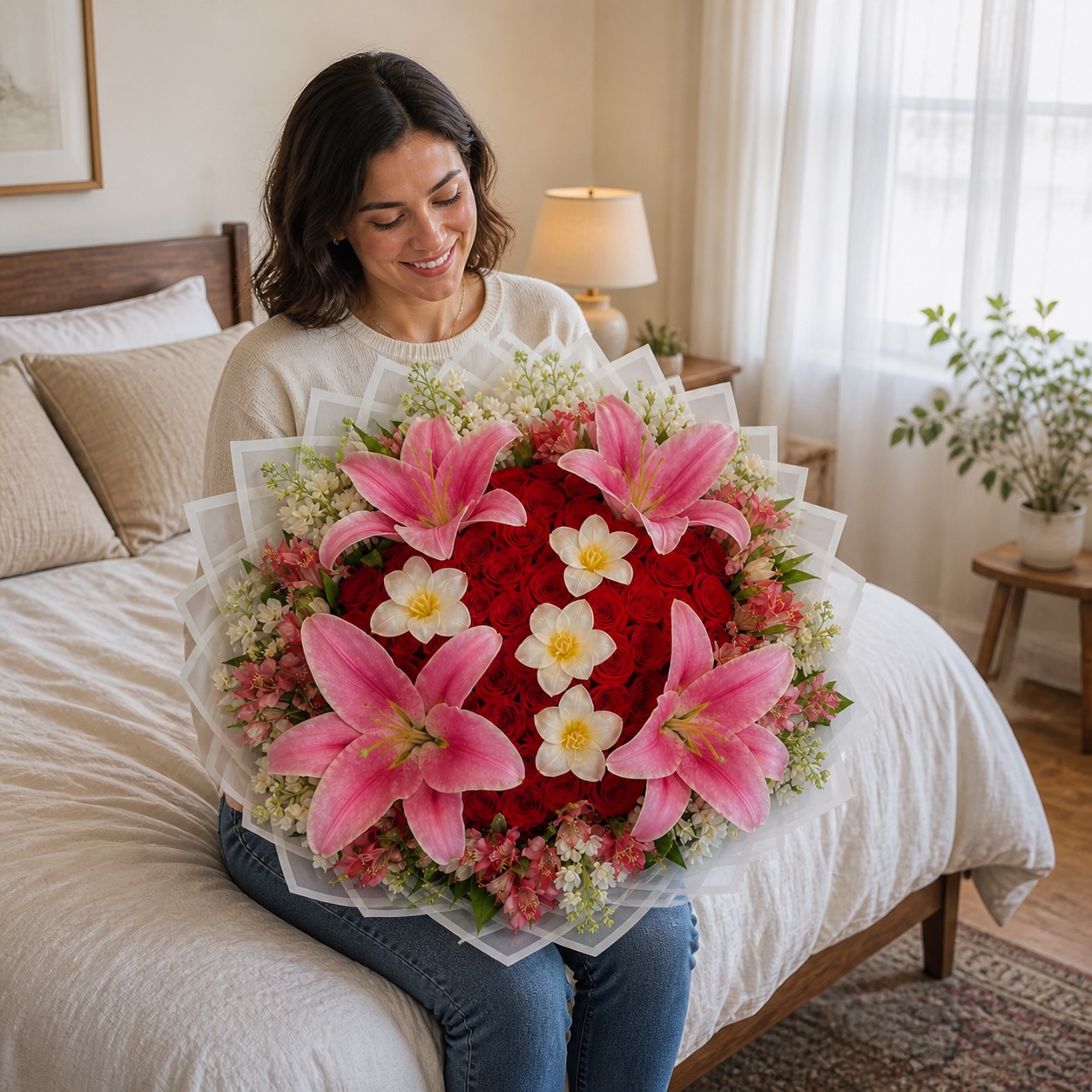 Woman seated with a large red rose, lily and tulip bouquet