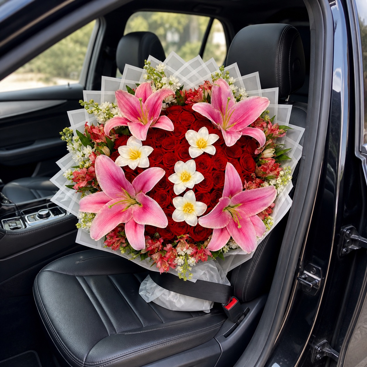Crimson Lily Garden bouquet secured on a car passenger seat