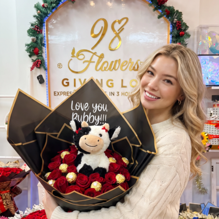 24 Roses & Ferrero Bouquet 24 red roses Houston, birthday flowers Houston, chocolate bouquet Houston, ferrero rocher bouquet, girlfriend gift Houston, ramo con peluche Houston, rose and plush bouquet, same day flower delivery Houston, valentine gift Houston 