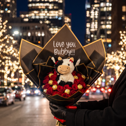 24 Roses & Ferrero Bouquet 24 red roses Houston, birthday flowers Houston, chocolate bouquet Houston, ferrero rocher bouquet, girlfriend gift Houston, ramo con peluche Houston, rose and plush bouquet, same day flower delivery Houston, valentine gift Houston 